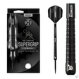 Steel tip tungsten dart displayed in retail packaging, full dart and macro grip barrel close-up on white background