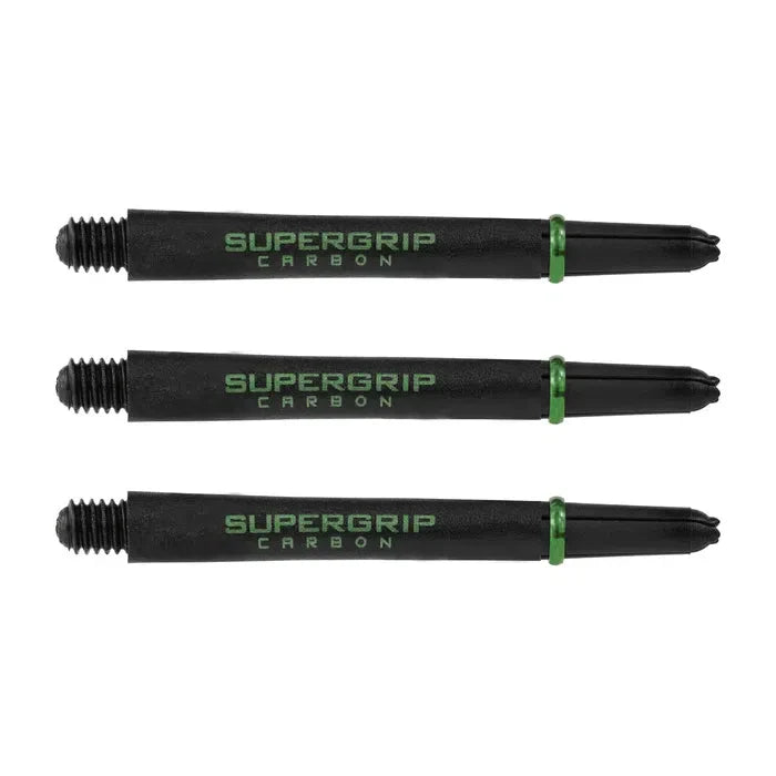 Three black carbon dart shafts with green rings and Supergrip Carbon branding, full product view on white background