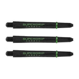 Three black carbon dart shafts with green rings and Supergrip Carbon branding, full product view on white background