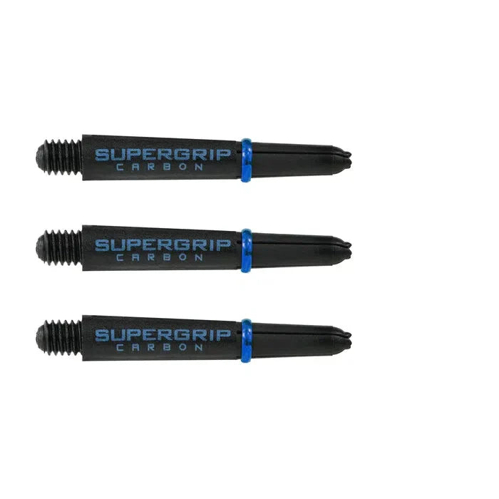Set of three black Supergrip carbon dart shafts side by side on white background, blue locking rings visible