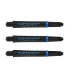 Three carbon dart shafts with blue rings and Supergrip Carbon text, full product view on white background, dart accessory set