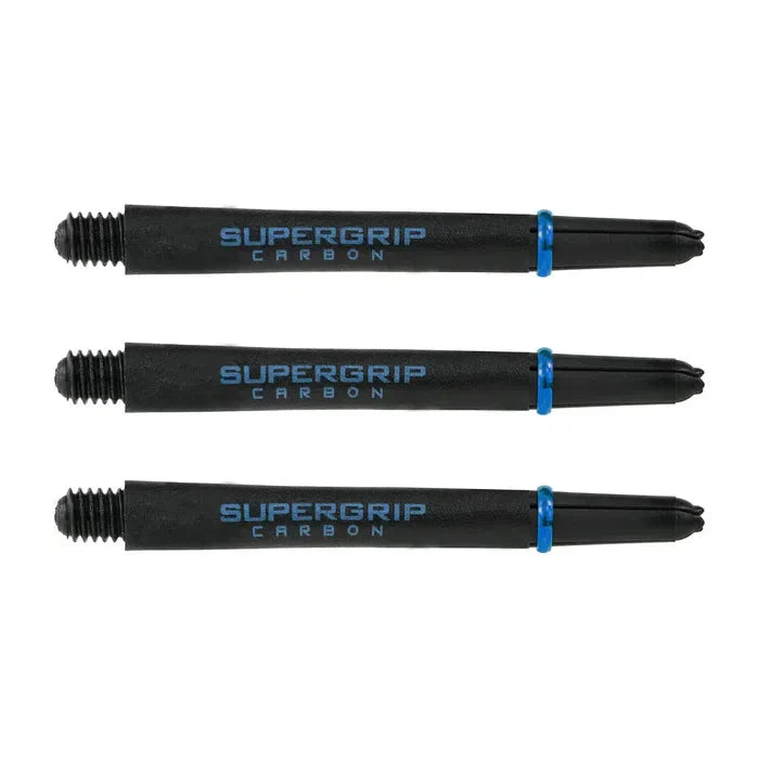 Three black Supergrip carbon dart shafts with blue rings side by side on white background, full product display