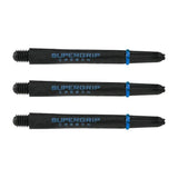 Three black Supergrip carbon dart shafts with blue rings side by side on white background, full product display