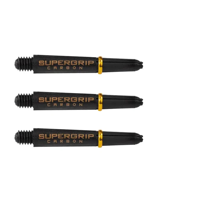 Three Supergrip carbon dart shafts with gold rings displayed side by side on white background