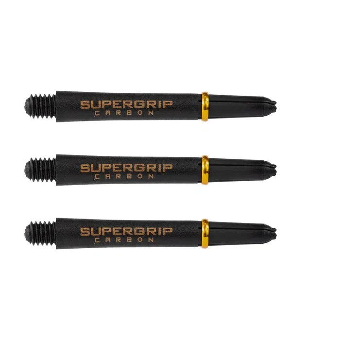 Three Supergrip carbon dart shafts aligned side by side on white background, highlighting gold collars and clear logo engraving.