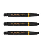 Three Supergrip carbon dart shafts aligned side by side on white background, highlighting gold collars and clear logo engraving.