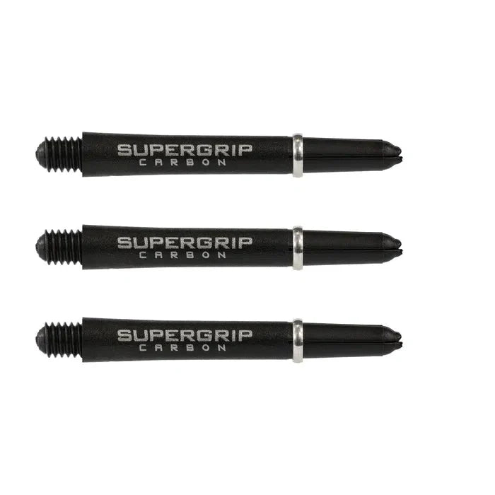 Three black carbon dart shafts with silver rings, full product view on white, clear Supergrip Carbon branding for dart accessories