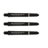 Three black carbon dart shafts with silver rings, full product view on white, clear Supergrip Carbon branding for dart accessories