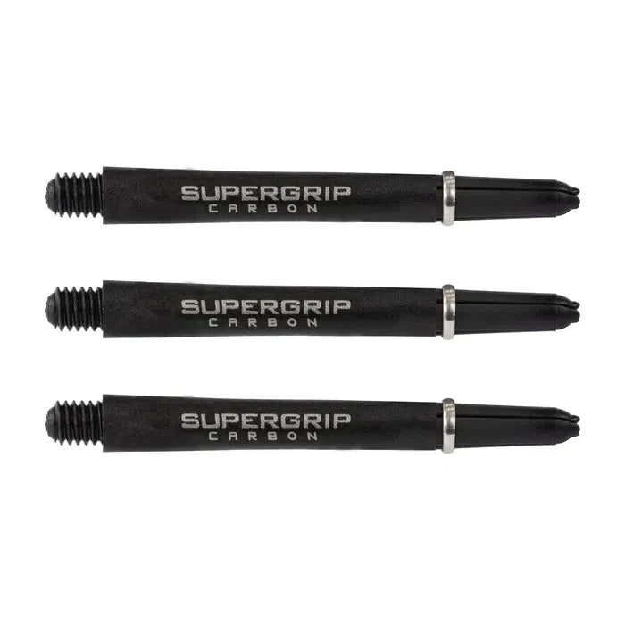 Three Supergrip carbon dart shafts with locking rings aligned side by side on white background, showing threaded tips and branding.