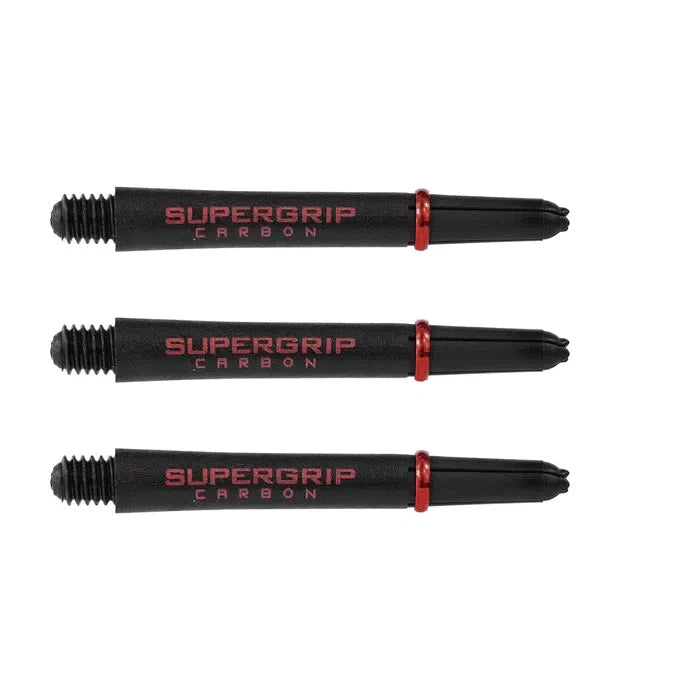 Three black carbon dart shafts with red rings and Supergrip Carbon branding arranged side by side on white background
