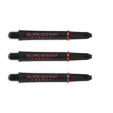 Three black carbon dart shafts with red rings and Supergrip Carbon branding arranged side by side on white background