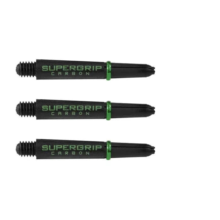 Set of three black Supergrip carbon dart shafts with green rings, side view, isolated on white background