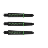 Set of three black Supergrip carbon dart shafts with green rings, side view, isolated on white background