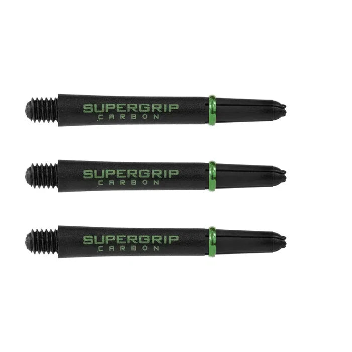Three black carbon dart shafts with green rings and Supergrip Carbon text, full product view on white background