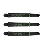 Three black carbon dart shafts with green rings and Supergrip Carbon text, full product view on white background
