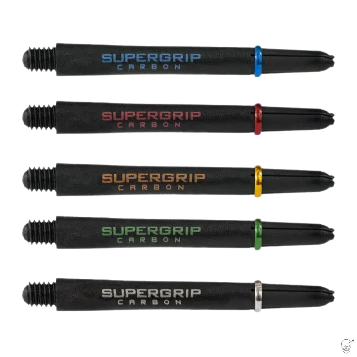 Set of five carbon dart shafts on white background, each with different color-coded ring and Supergrip Carbon branding, full product view