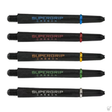 Set of five carbon dart shafts on white background, each with different color-coded ring and Supergrip Carbon branding, full product view