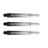Set of three Supergrip Fusion dart shafts side by side, clear and black design with machined rings, isolated on white background