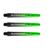 Three green and black Supergrip Fusion dart shafts with machined rings, full side view on white background