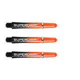 Three Supergrip Fusion dart shafts in orange and black with machined rings, full side view, isolated on white background
