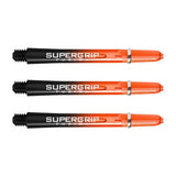 Three Supergrip Fusion dart shafts in black and orange with machined grip rings, full length view on white background