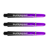 Three Supergrip Fusion dart shafts purple and black, machined rings visible, full view on white background