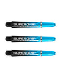 Three Supergrip Fusion dart shafts in blue and black with machined rings, full product view on white background