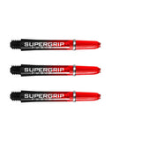 Set of three Supergrip Fusion dart shafts red and black with silver rings, full side view on white background