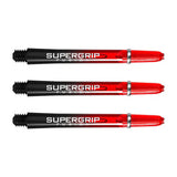 Three Supergrip Fusion dart shafts in black and red with silver rings, full product view on white background