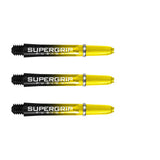 Three yellow and black Supergrip Fusion dart shafts with machined rings, isolated on white background, horizontal display