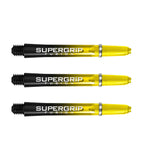 Three Supergrip Fusion dart shafts in black and yellow with machined grip rings, isolated on white background