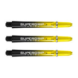 Three Supergrip Fusion dart shafts black and yellow with machined rings, full product view on white background