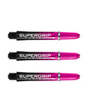 Three pink and black Supergrip Fusion dart shafts with machined rings, full product view on white background