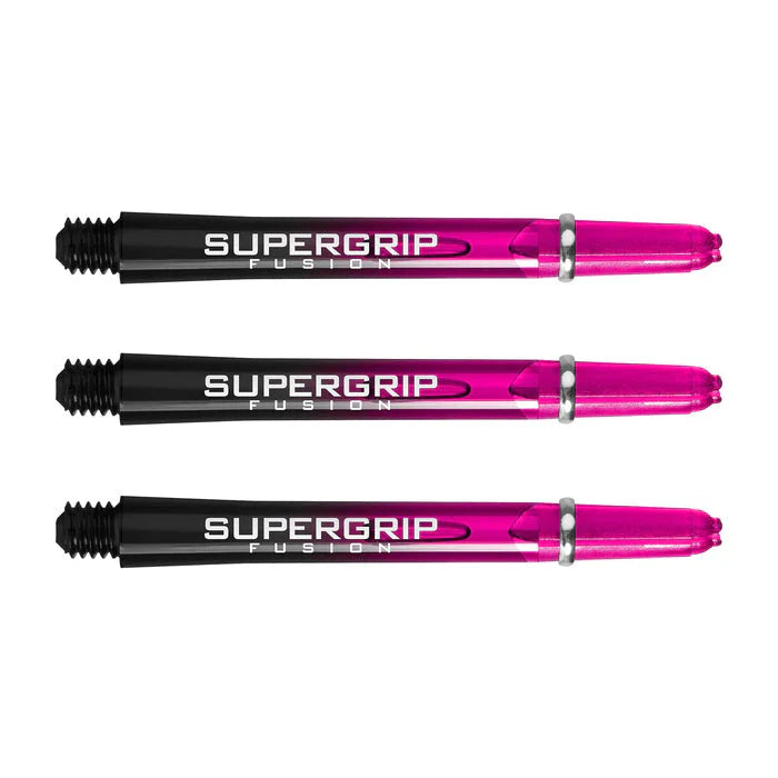 Three Supergrip Fusion dart shafts aligned side by side, black and pink fusion design with silver locking rings, isolated on white background
