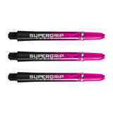 Three Supergrip Fusion dart shafts aligned side by side, black and pink fusion design with silver locking rings, isolated on white background