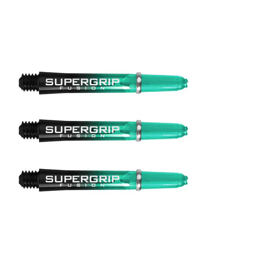 Three Supergrip Fusion dart shafts aligned on white background highlighting machined grip rings and two-tone translucent design