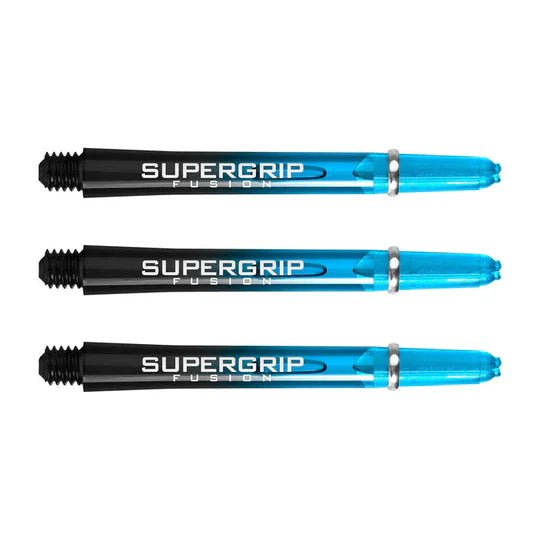 Set of three blue and black Supergrip Fusion dart shafts with machined rings, full product view on white background