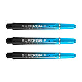 Set of three blue and black Supergrip Fusion dart shafts with machined rings, full product view on white background