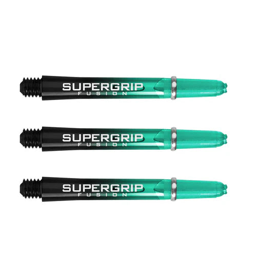 Set of 3 Supergrip Fusion dart shafts with factory-fitted rings, green and black, shown side by side on white background