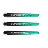 Set of 3 Supergrip Fusion dart shafts with factory-fitted rings, green and black, shown side by side on white background