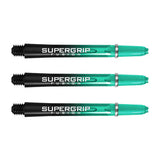 Three Supergrip Fusion dart shafts side by side on white background, showing black and teal design with machined silver rings