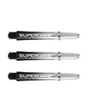 Three Supergrip Fusion dart shafts in clear and black, side-by-side, showing threaded tips and machined rings on white background