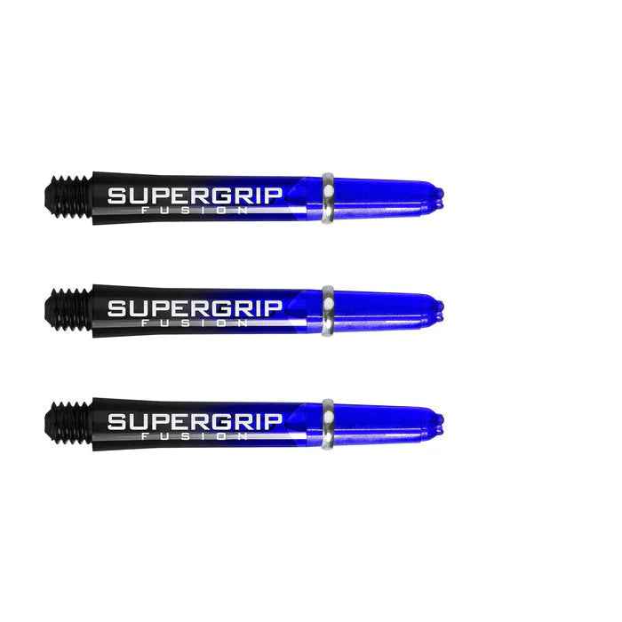 Three blue and black Supergrip Fusion dart shafts with machined rings, full product view on white background