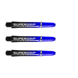 Three blue and black Supergrip Fusion dart shafts with machined rings, full product view on white background