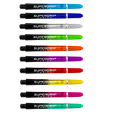 Ten Supergrip Fusion dart shafts in assorted colors displayed in a row on white background showing machined rings and color variety