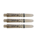 Three transparent Supergrip spin dart shafts arranged side by side on white background, highlighting shaft design and rotating tops