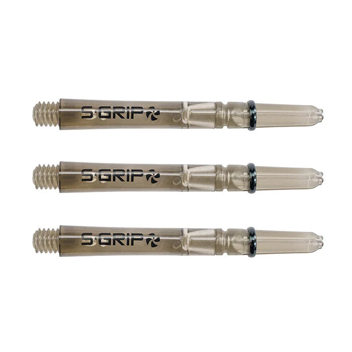 Three Supergrip Spin dart shafts displayed side by side on white, showing threaded base, grip detail, and rotating top