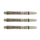 Three Supergrip Spin dart shafts displayed side by side on white, showing threaded base, grip detail, and rotating top