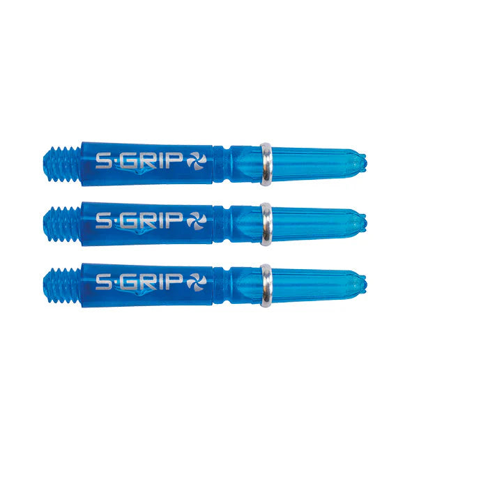 Three blue Supergrip Spin dart shafts arranged horizontally on white, featuring rotating top and silver grip rings