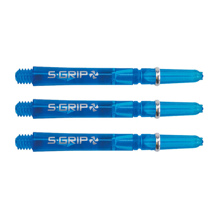 Three blue Supergrip Spin dart shafts with silver rings shown side by side on white background, emphasizing rotating top design.